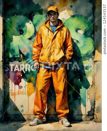 Urban street style in vibrant yellow against graffiti wall 124543537