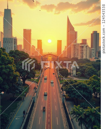 Urban sunset over cityscape bridge: tranquil evening traffic scene for print and web design 124543538
