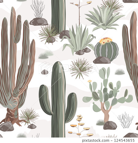 Giant cardon and Saguaro cactus and agaves seamless pattern. Cacti landscape background, vector illustration 124543655