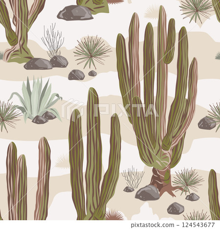Old and tall Mexican giant cardon cactus and agaves seamless pattern. Cacti landscape background, vector illustration Old and tall Mexican giant cardon cactus and agaves seamless pattern. Cacti landscape background, vector illustration 124543677