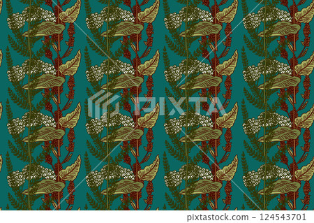 Botanical floral seamless pattern with wildflowers vector illustration. Repeating medicinal plants pattern in turquoise background. Graphic design for Fashion Cover Textile Birthday Greeting Card 124543701