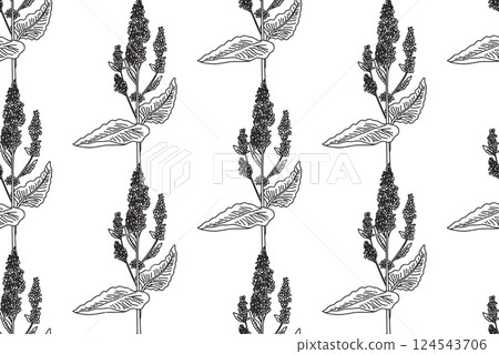 Line art botanical seamless floral pattern with wildflowers vector illustration. Black outline repeating medicinal plants in white background. Graphic design for Fashion Cover Textile Coloring Page Line art botanical seamless floral pattern with wildflowers vector illustration. Black outline repeating medicinal plants in white background. Graphic design for Fashion Cover Textile Coloring Page 124543706
