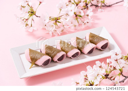 Sakura mochi served on a plate Sakura mochi served on a plate 124543721