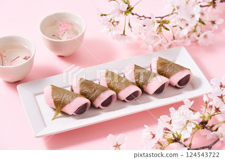 Sakura mochi served on a plate Sakura mochi served on a plate 124543722