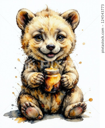 Adorable bear cub holding honey jar - cute animal art for cards and posters 124543773