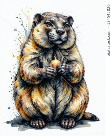 Charming groundhog holding acorn with watercolor splatter effect 124543820