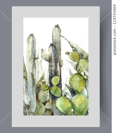 Cacti with sharp thorns and prickles growing in hot, arid climates on wall art. Watercolor artwork Cacti with sharp thorns and prickles growing in hot, arid climates on wall art. Watercolor artwork 124543864
