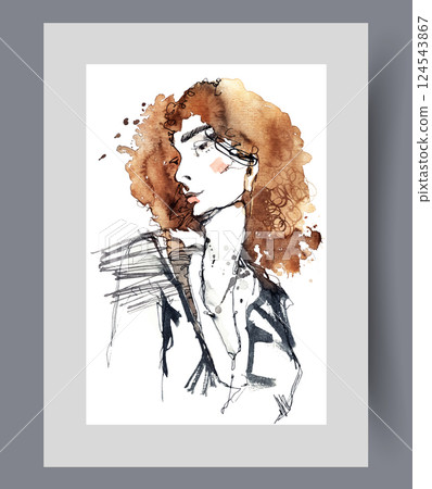 Red-haired woman posing in business casual manner turns face to side. Watercolor artwork 124543867