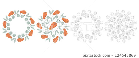 Colorful and Outline Salmon steaks Brussels sprout Arugula leaves Circular Frames Backgrounds Set 4 Colorful and Outline Salmon steaks Brussels sprout Arugula leaves Circular Frames Backgrounds Set 4 124543869