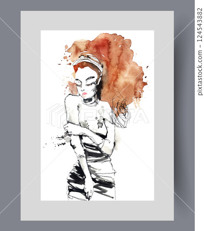 Shy woman with lush red hair closes eyes and looks down feeling discomfort. Watercolor artwork 124543882