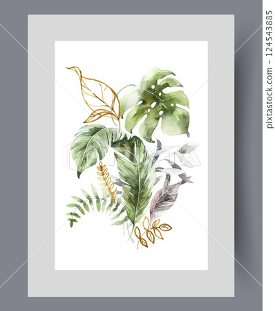 Plants from tropical botanical garden with exotic shrubs and herbs on wall art. Watercolor artwork 124543885