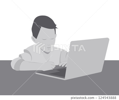 Schoolboy study online in grayscale. Online education minimalist design idea. Back to school concept Schoolboy study online in grayscale. Online education minimalist design idea. Back to school concept 124543888