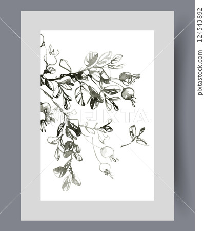 Branch of fruit tree with petals and berries grown to make cocktails on wall art. Watercolor artwork 124543892