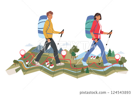 Man and woman went on hike together, walking along huge map with river and mountains 124543893
