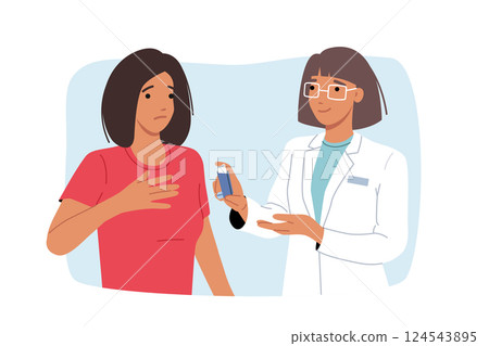 Doctor gives inhaler to woman who is suffering from asthma or allergies and shortness of breath 124543895