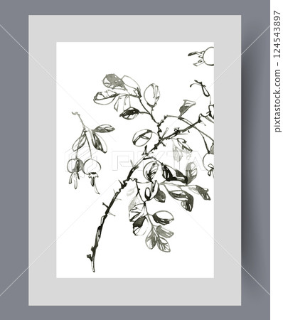 Tree branch with small bunches of apples on warm spring day on wall art. Watercolor artwork 124543897