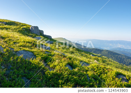 nature scenery with rolling alpine highlands of ukraine in summer. outdoor adventure. carpathian mountain landscape with huge boulders on the grassy hillside. scenic view nature scenery with rolling alpine highlands of ukraine in summer. outdoor adventure. carpathian mountain landscape with huge boulders on the grassy hillside. scenic view 124543903