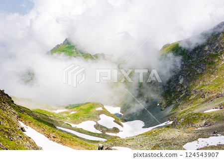 clouds in the mountains. scenic weather. landscape of transylvania alps on a sunny summer day. scenery with steep rocky slopes with grass and snow. beautiful nature background. alpine environment clouds in the mountains. scenic weather. landscape of transylvania alps on a sunny summer day. scenery with steep rocky slopes with grass and snow. beautiful nature background. alpine environment 124543907