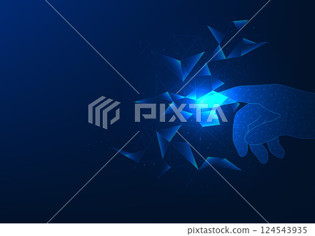 Data Technology Businessman's hand pointing at the lines connecting business data, showing businessmen using AI, Machine Learning and Cloud Computing technologies for analysis. 124543935