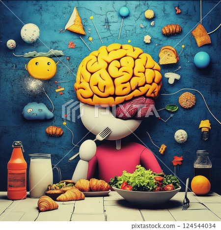 Creative Brain and Food Elements Illustration in Bright Colors 124544034