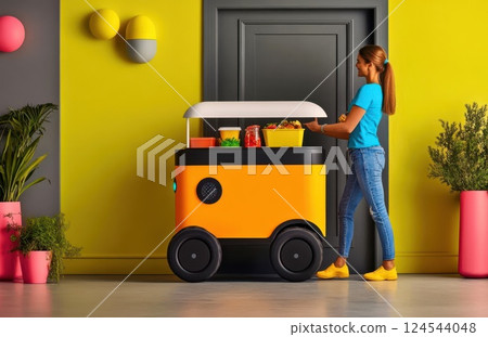 Woman pushing a colorful robotic food cart in modern interior 124544048