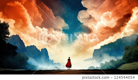 Person in red dress with vibrant surreal clouds in a dramatic landscape 124544054