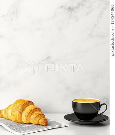 Elegant coffee and croissant breakfast against marble backdrop Elegant coffee and croissant breakfast against marble backdrop 124544066