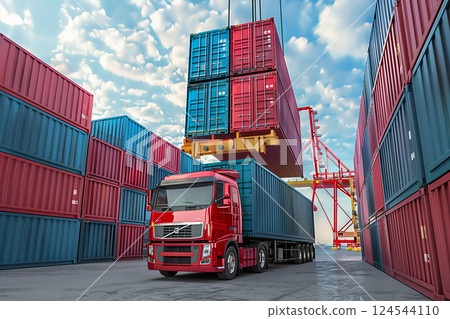 Logistics, container Cargo ship transportation with working crane bridge in deep sea port for import export. 124544110