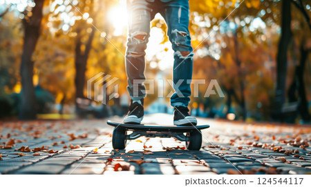 Young man riding on the Hoverboard in the park. 124544117