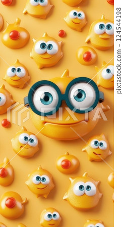 Fun orange characters with glasses on yellow background 124544198