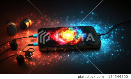 Phone with cosmic galaxy display and headphones 124544200