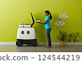 Robot food delivery service with woman receiving meal 124544219