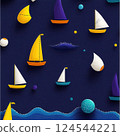 Minimalist nautical pattern with stylized sailboats on dark blue 124544221