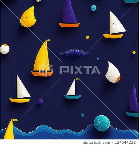 Minimalist nautical pattern with stylized sailboats on dark blue 124544221