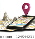 Smartphone with map and pink location pin on paper map 124544231