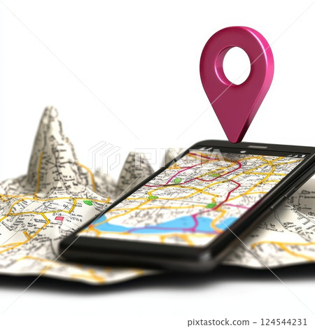 Smartphone with map and pink location pin on paper map Smartphone with map and pink location pin on paper map 124544231