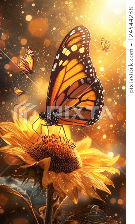 Monarch butterfly on sunflower with glowing effect and bokeh 124544238