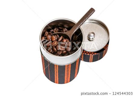 Japanese-style tea caddy filled with coffee beans [White background, cutout] 124544303