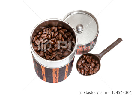 Japanese-style tea caddy filled with coffee beans [White background, cutout] 124544304