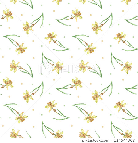 Seamless watercolor pattern of yellow daffodils and green leaves, delicately arranged on a white background. Hand-painted floral illustration ideal for spring designs. 124544308