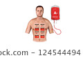 A medical infographic displaying A Negative blood donation, transfusion process, and compatibility with different recipient blood types, 3d 124544494