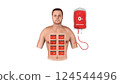 A 3D medical illustration of an O negative blood donor showing transfusion, recipient compatibility, and a detailed blood type matching chart, graphic 124544496