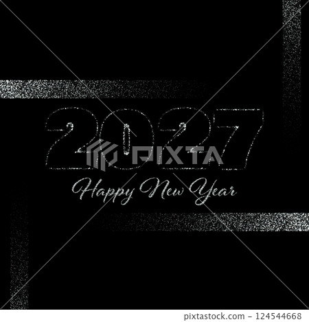 Poster design with text Happy New Year 2027 on black background with silver dust. Template for New Year banners, decorations, greeting cards 124544668