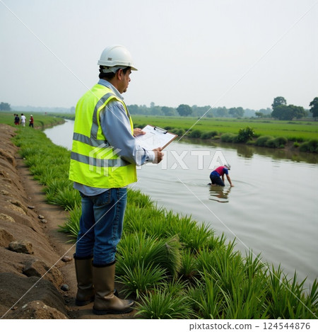 Caucasian adult male engineer supervising waterway construction in rural area 124544876
