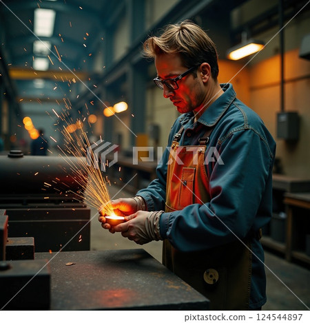 Caucasian male adult blacksmith creating sparks in workshop Caucasian male adult blacksmith creating sparks in workshop 124544897