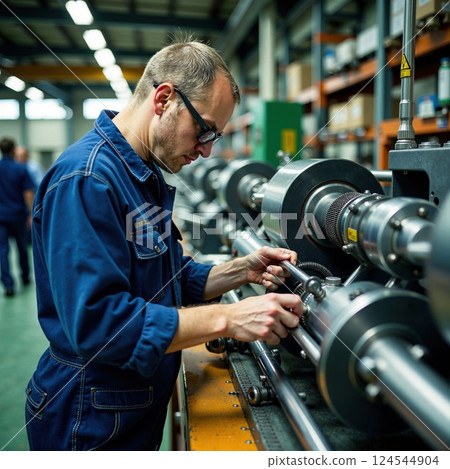 Caucasian male adult engineer working on industrial machinery in factory setting 124544904