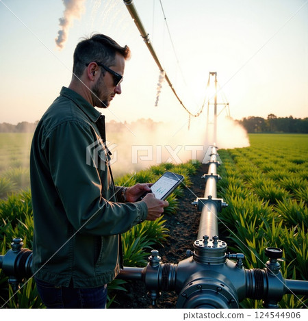 Caucasian male adult in agriculture field using tablet with irrigation system at dusk 124544906