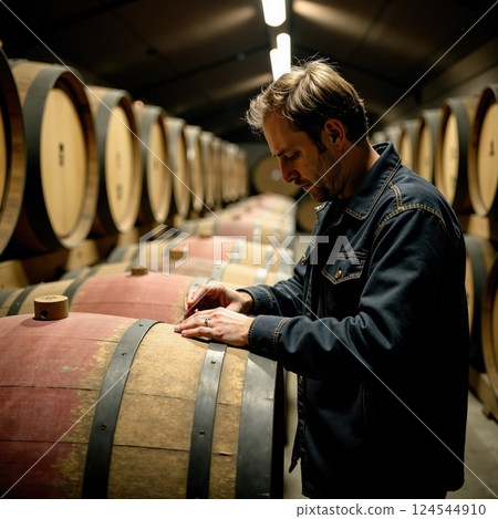 Caucasian male adult inspecting wine barrels in cellar 124544910