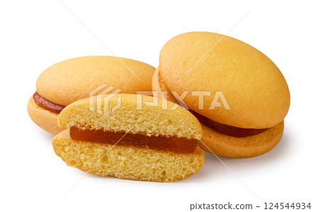 Round sandwich cookies and half on a white background. Isolated 124544934