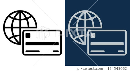 Black and white credit card and globe icon set. Digital payment and online banking concept. Vector financial transaction symbol. Isolated fintech design for web, apps, business, and e-commerce. 124545062